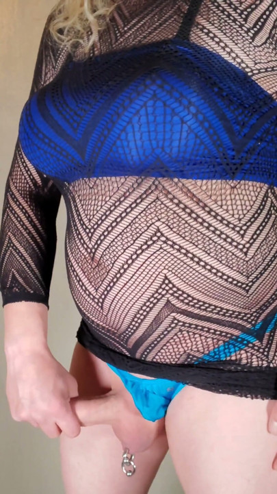 Thong Bulge and Big Tits in See Through Bodystocking Dress | Clip 1