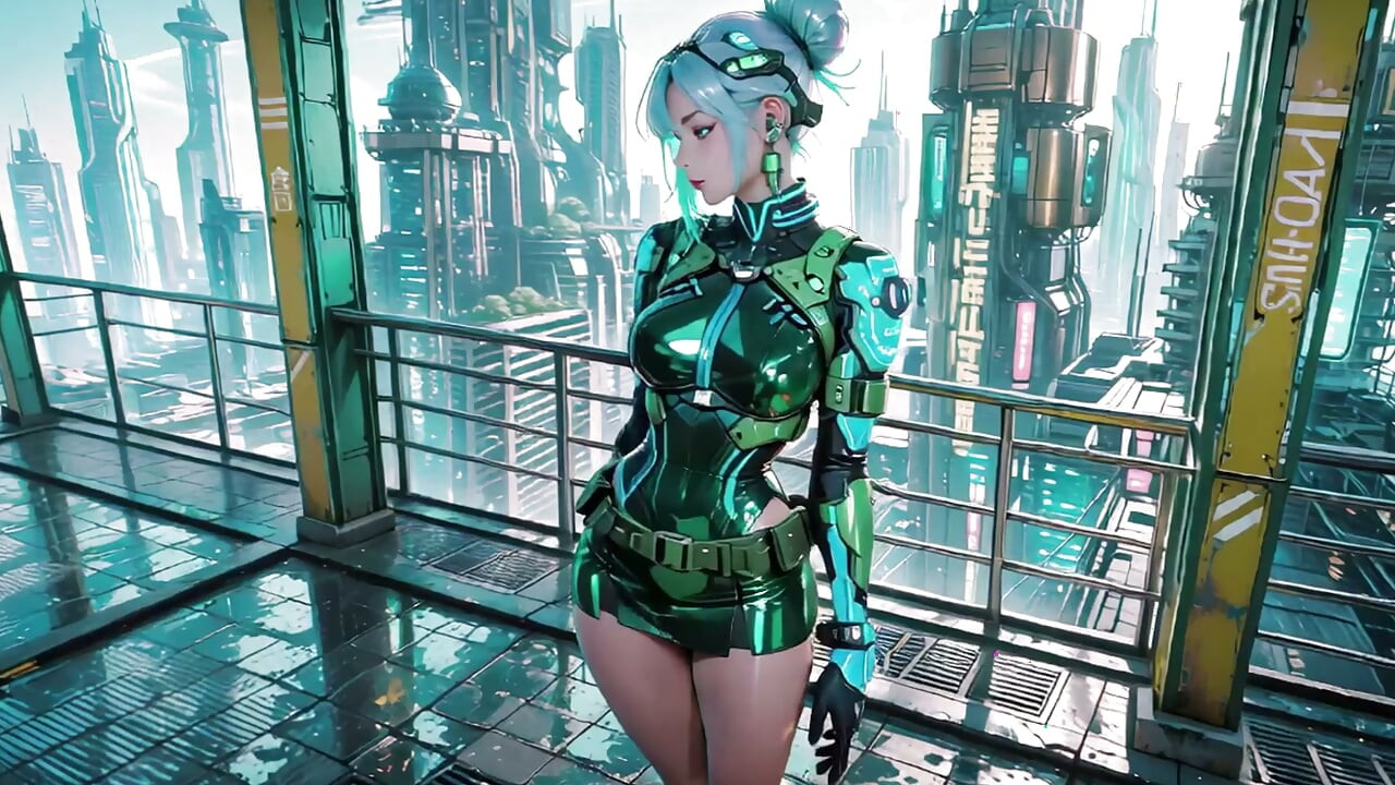 The Green Armored Girl! Silberhaarige Walküre kniet und blickt zurück, Fingerspitzen streichen über ihren kalten metallischen Anzug.
