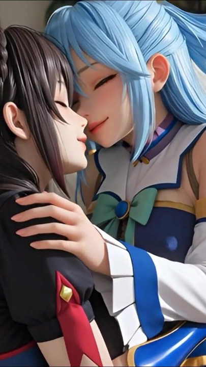 SFW アクアとユンユン この都がめばのソフトショーで触れてキスするレズビアン | クリップ 1