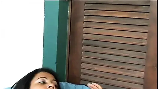 Condomed white dude reams Latina hottie's very hairy muff doggy-style