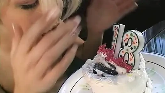 Blonde teen eats cum from the cake after hard pussy fuck