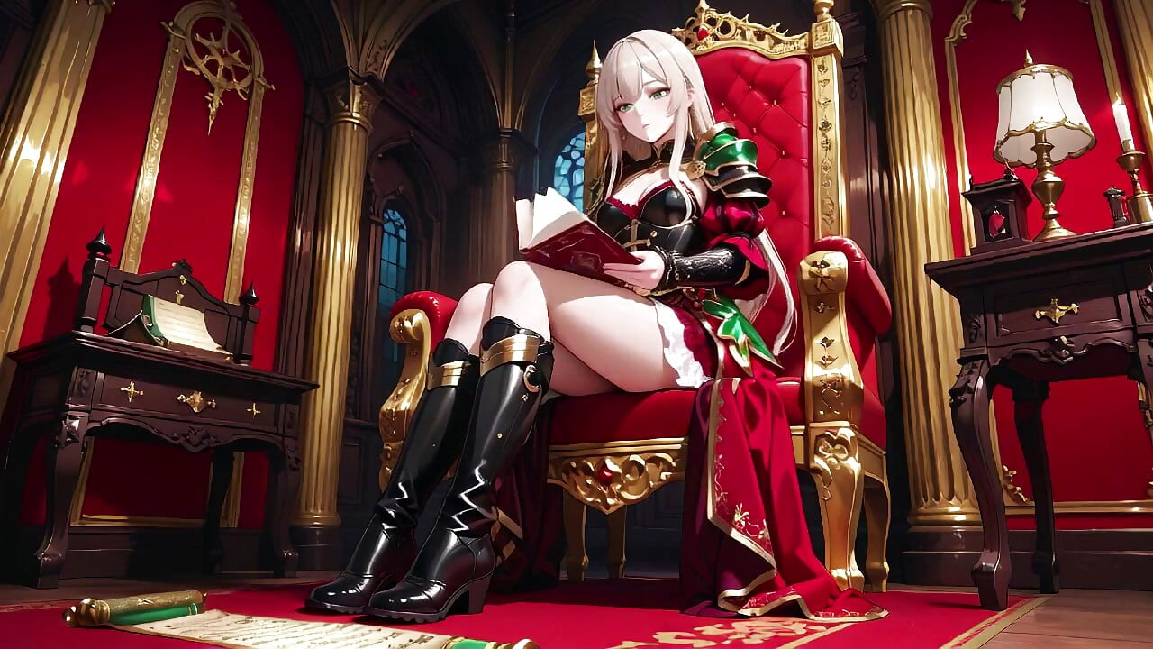 Forbidden Fantasy in Red & Green Armor! Blonde Knight Lounges Seductively While Her Silver -haired Partner Kneels to Serve
