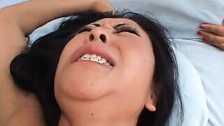 Asian with nice big tits sucks a big dick and gets fucked in her tight cunt