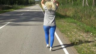 My big ass in blue pantyhose on the street