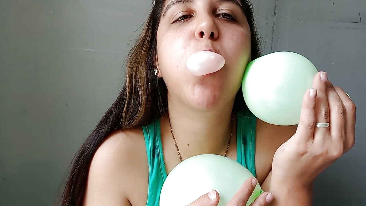 Green Balloons and Pink Bubblegum Close up Blow - Bunny Looner