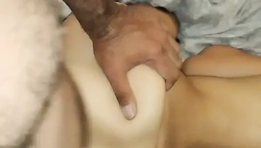 Pounding her pussy doggy style standing up