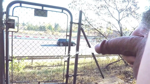 outdoor public display big dick pissing next to highway