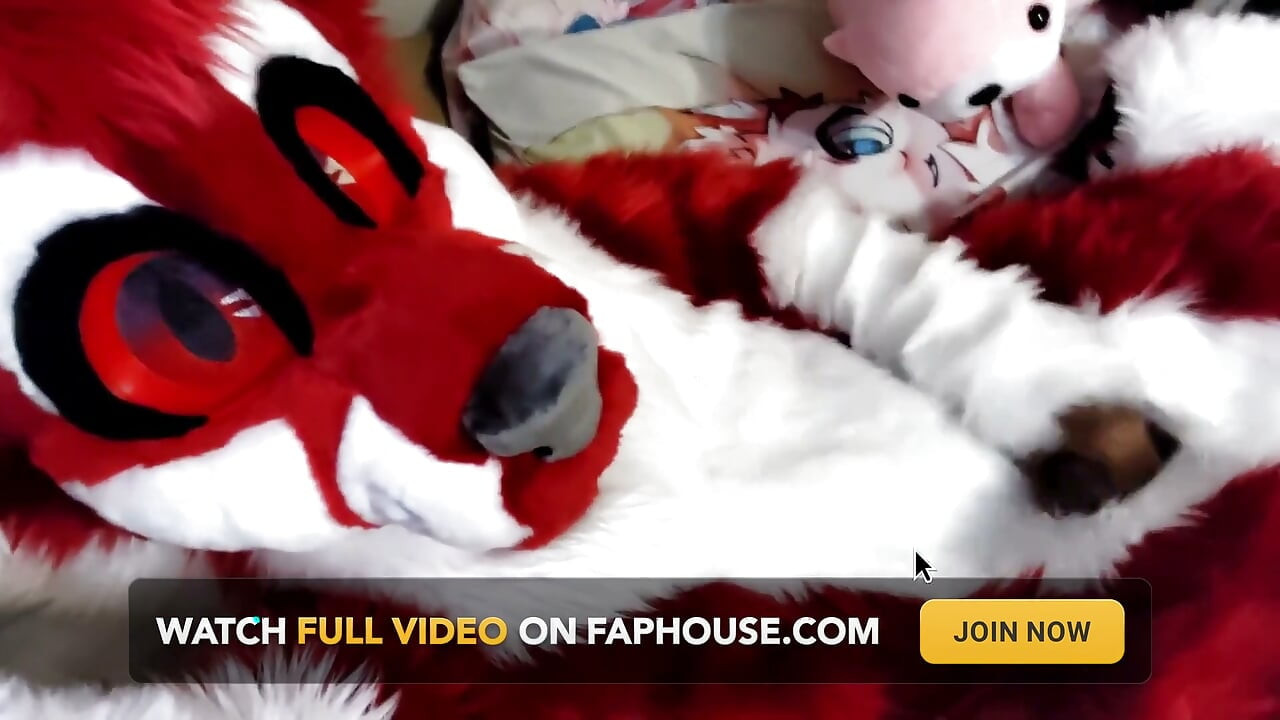 Zich aftrekken en voetenpaws laten zien in een full-body fursuit