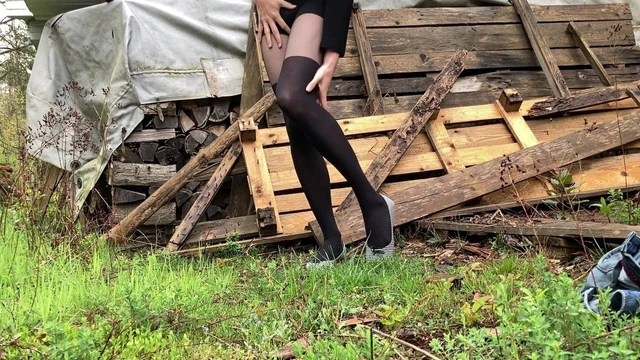 Crossdresser in the woods shooting a nice load in ballerinas