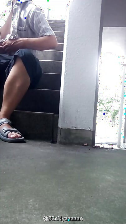 Fully naked exposure ejaculation on a public staircase