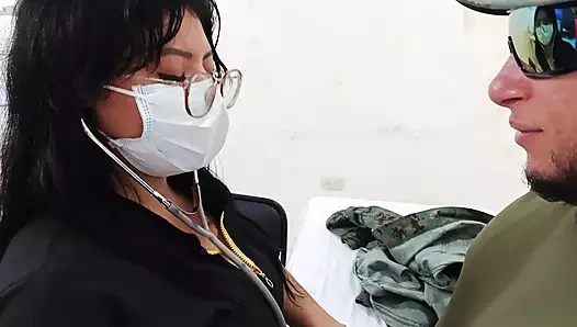 A doctor sensually gropes a soldier in the doctor's office during a consultation.