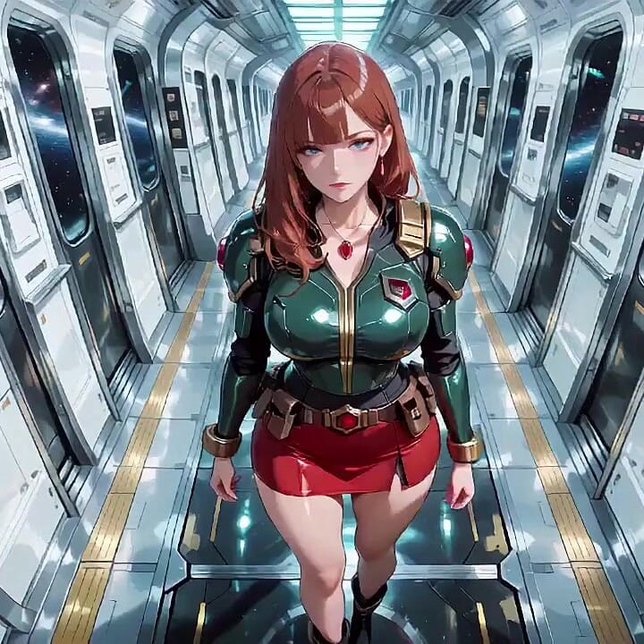 Dans le train de science-fiction, elle porte une armure verte étroite, touchant ses lèvres rouges tout en regardant la galaxie à travers le trou du hublot.