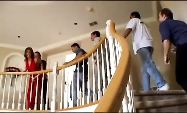 Busty whore gets fucked hard by studs and eats cum off a plate