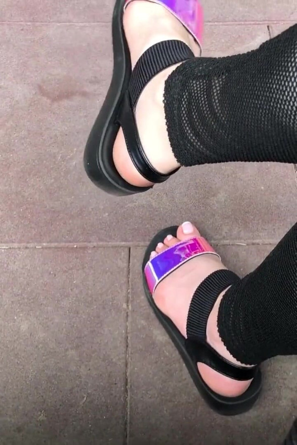 My new shiny sandals and toes tease outdoor