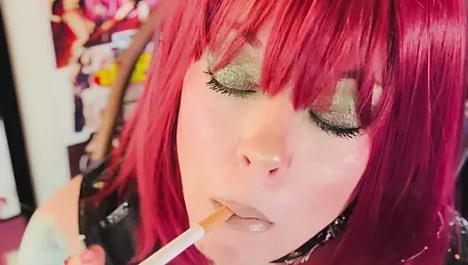 Beautiful BBW Redhead Tina Snua Smokes A Cork Cigarette Close Up In PVC - OMI Snap Inhales OME Drifting Smoke