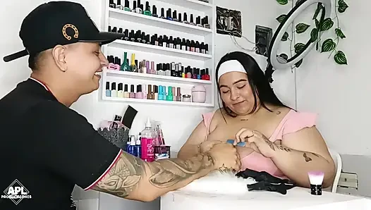 My manicurist shows me her big tits while she fixes my nails