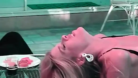 Blonde Seductress at the Patio Table: Hot Oral Fun