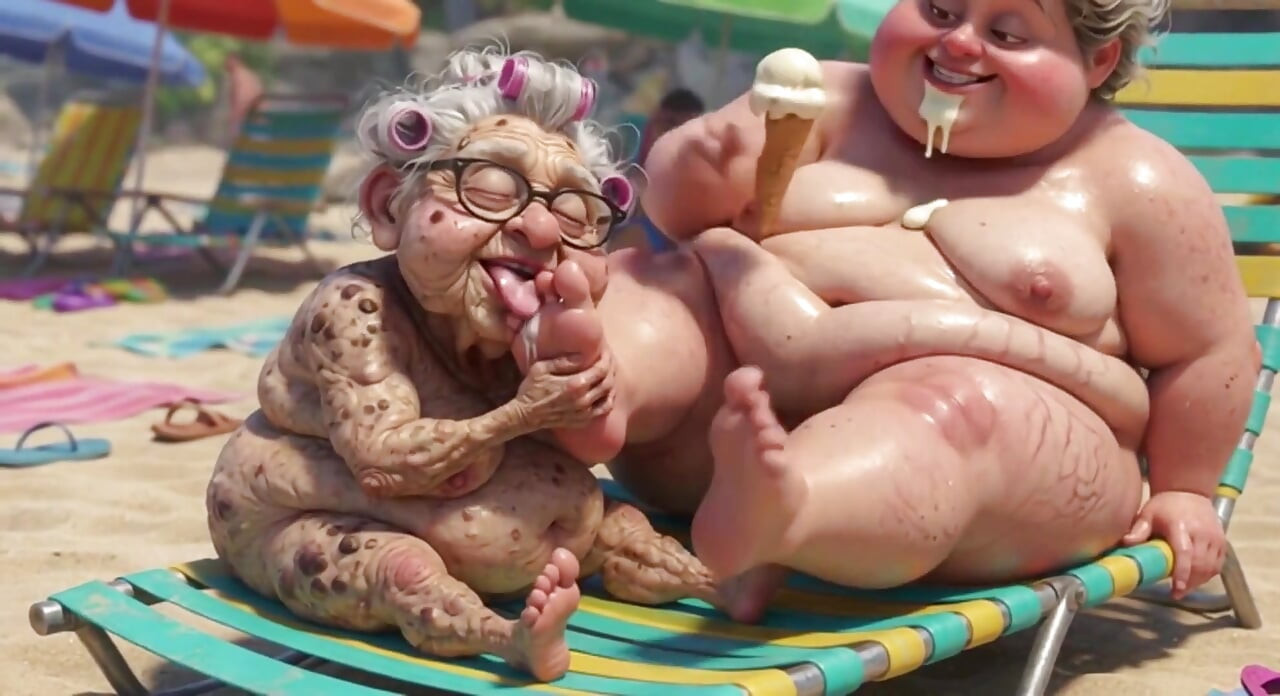 Oudere oma zuigt hartstochtelijk aan bbw-voeten op het strand