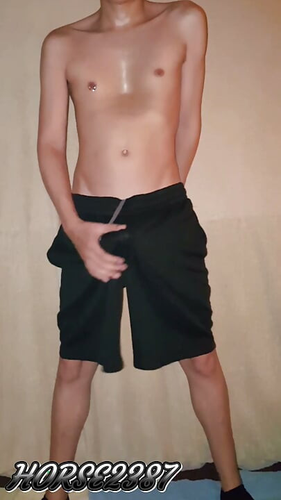 Jerking my huge dick in black shorts