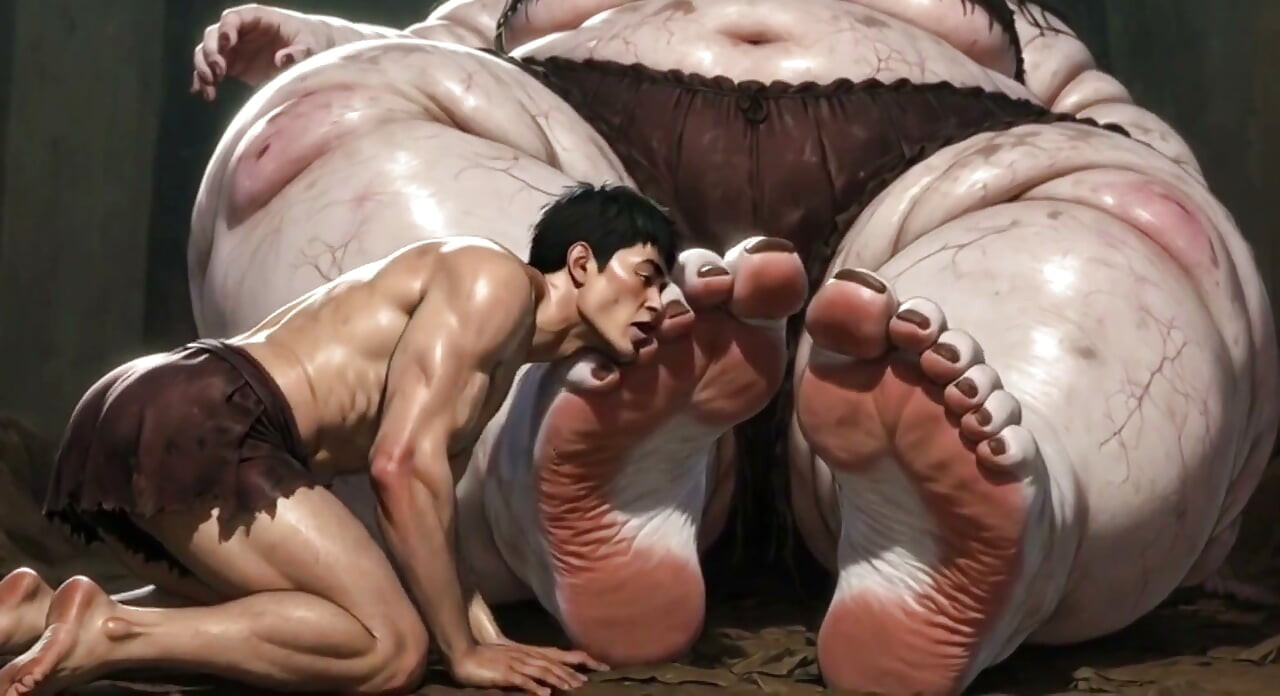 Enorme gigante obesa gordinha - escrava lambendo seus pés gigantes em adoração