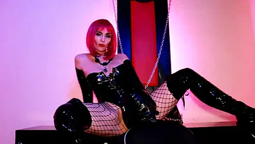 Hot Pink Hair Mistress Eva Latex Dominatrix Femdom BDSM Pussy Lick Rubber Slave Kink Boots