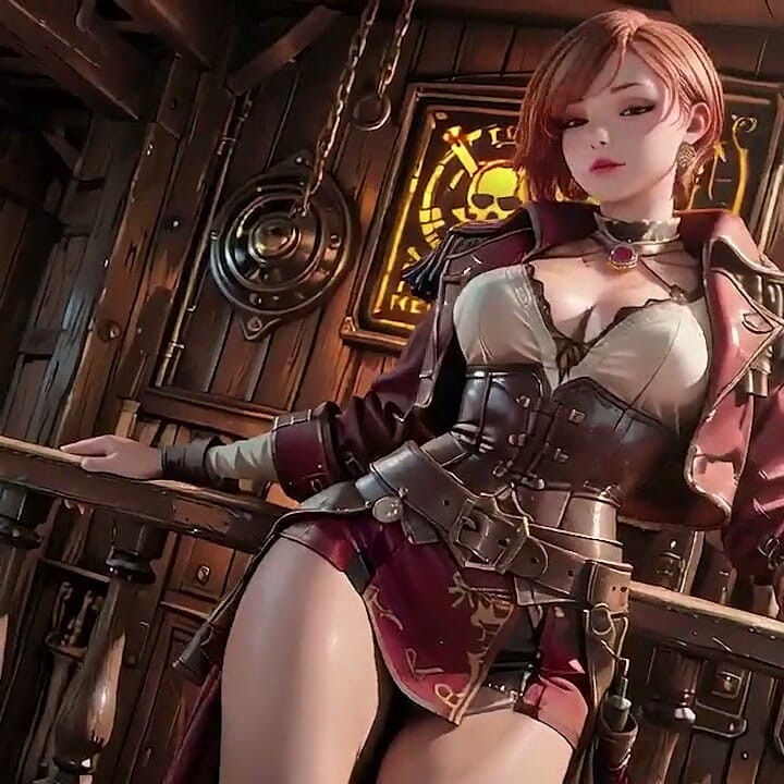 Redhead Pirate Captain! Playing with Her Cutlass in a Vintage Ship Cabin.