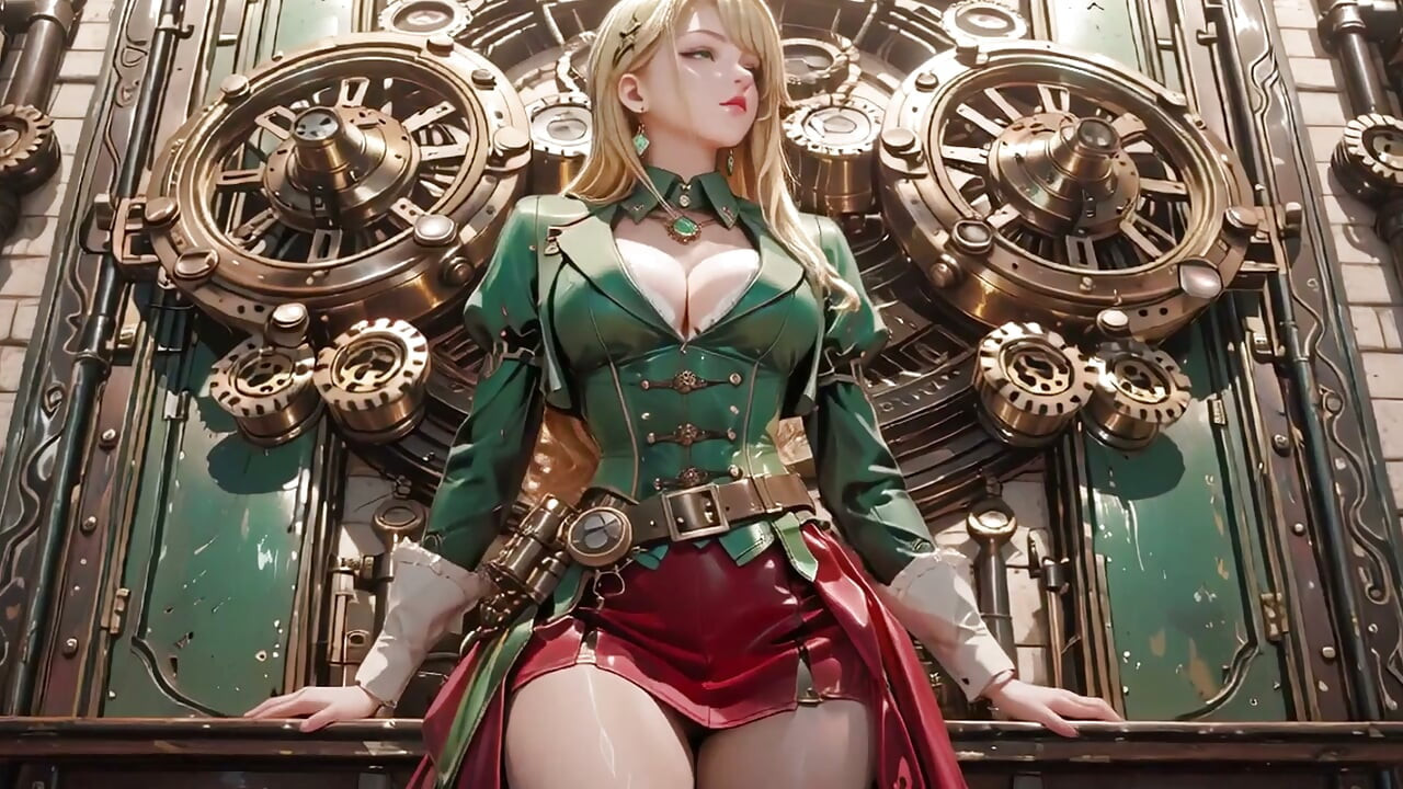 ¡Secretaria rubia steampunk! Poses perezosas entre engranajes gigantes, ajustándose las gafas con mirada provocadora.