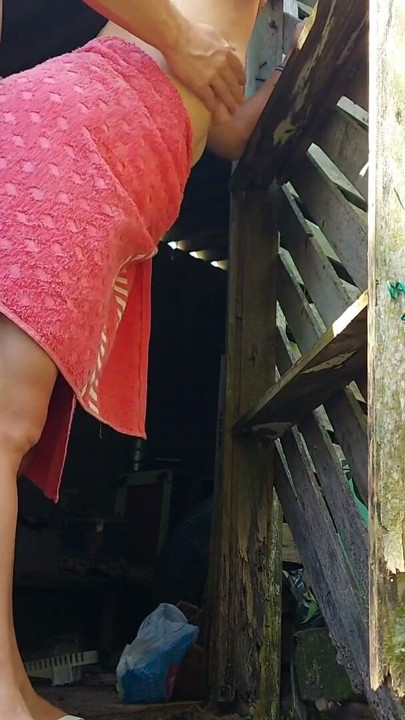 Shower doesn't work, married woman asks farm caretaker for help using just a towel and pays with sex | Clip 2
