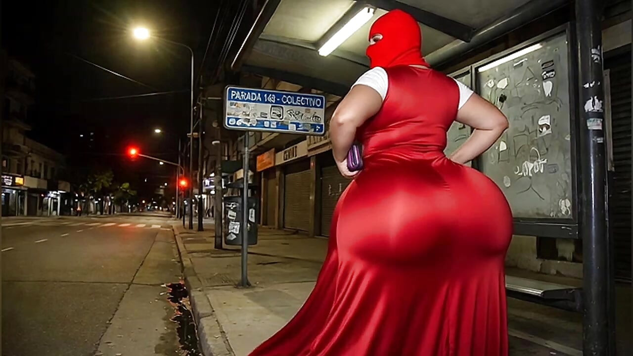 Rabuda latina em vestido apertado de festa vermelha esperando o ônibus