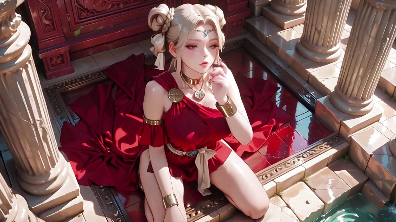 Blonde Goddess in Red! Forbidden Gaze in the Ancient Corridor, Deep V & High Slit teasing you.