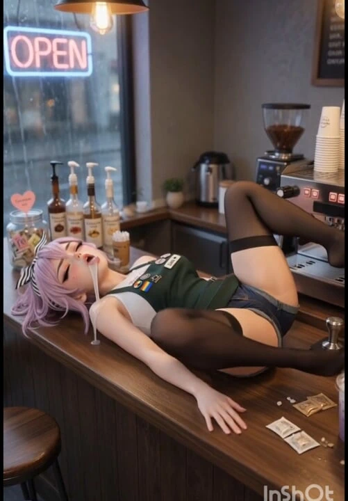 Hot sexy tiny barista is waiting for her customer, mastubrating
