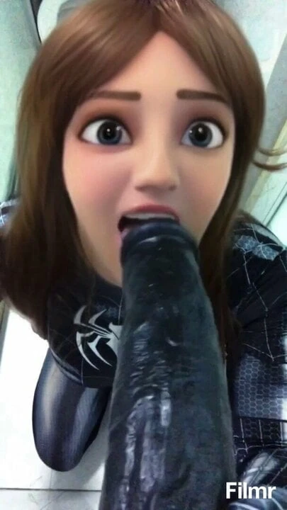 Spidergirl trying to deep throat a massive black dildo.