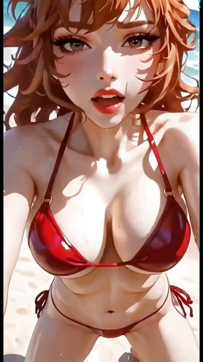 Drăguță roșcată în bikini gemând pe plajă, Ai Animation
