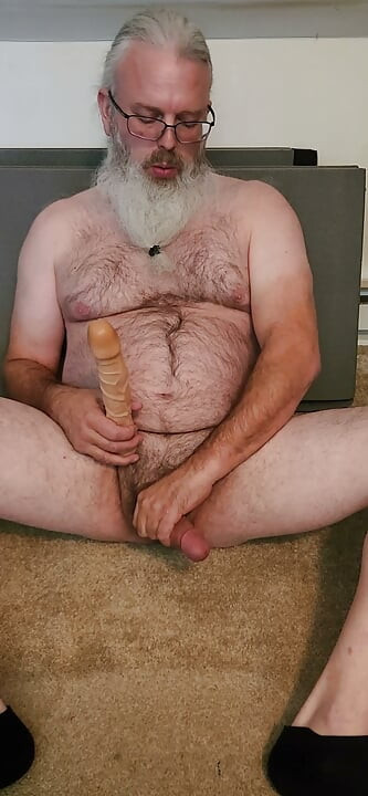 Solo masturbation, dildo fucking, and beard cum