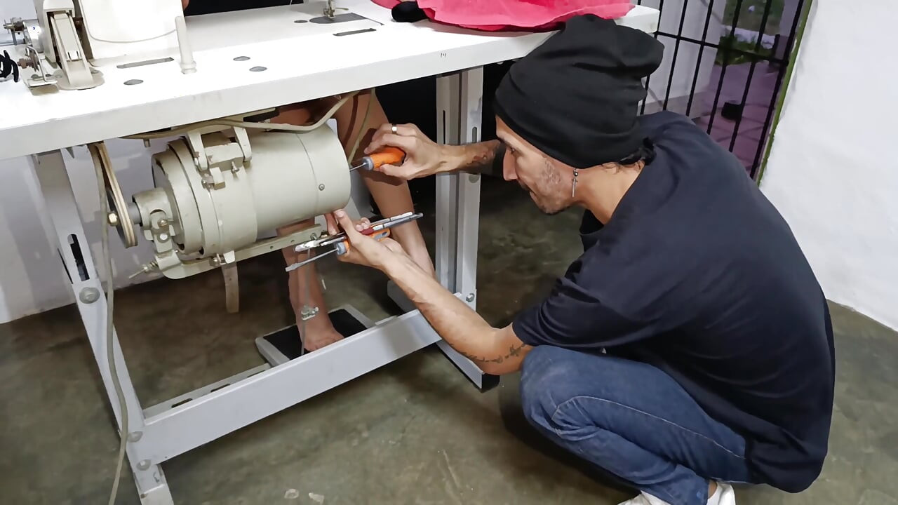 While I Pump the Pedal of My Cooking Machine in Panties This Man Looks at Me and Repairs the Machine