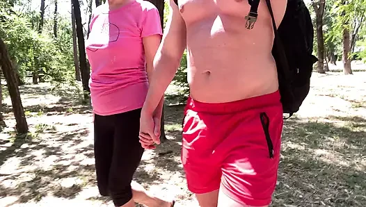 Fuck and cum in thong in public park summer