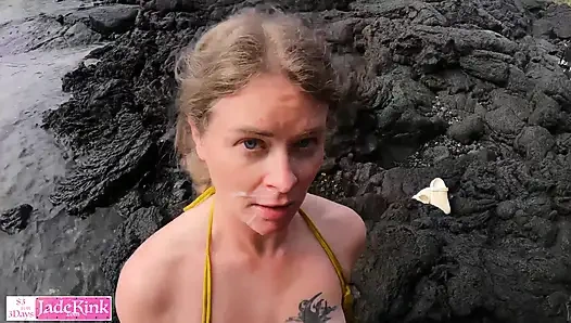 Girlfriend sucking boyfriend's dick on a public beach and a facial