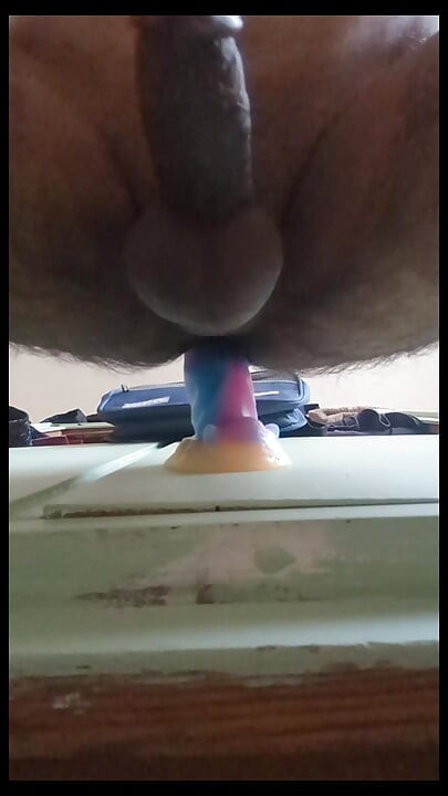 Crossdresser sissy showing new silk nighty and sucked dildo and fucked by colourful beautiful big dildo