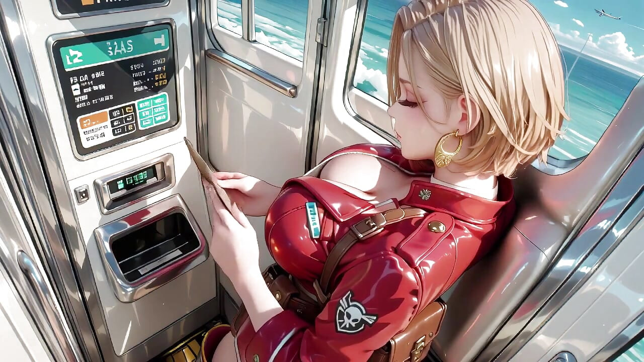 Rubia comandante en el futuro tren El uniforme de cuero patente rojo está demente