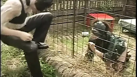 Dirty Slave in Fetish and Sexy Lingerie Fucked in Cage