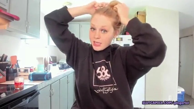Hot blonde neighbor girl is streaming in the kitchen