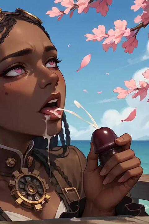 La diosa de ébano cachonda da un cerezo en flor por el océano