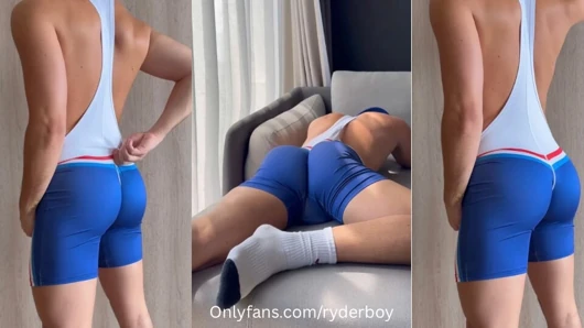 Horny Boy in Tight Blue Wrestler Suit Shows Off Round Bubble Butt and Huge Cock