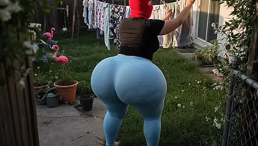 Big Ass Neighbor in Tight Light Blue Leggings and Blue Thong in the Patio