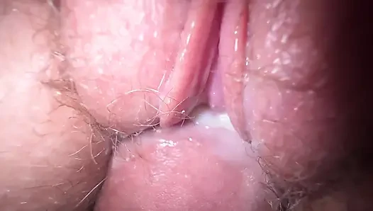Close up fuck with my teen roommate and cum on hairy pussy