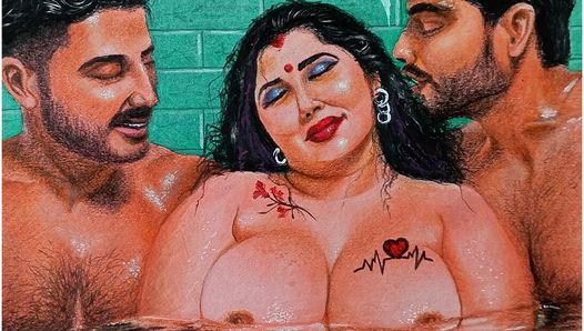 Arte erótico o dibujo de una mujer india sexy teniendo una aventura caliente con su dos cuñados