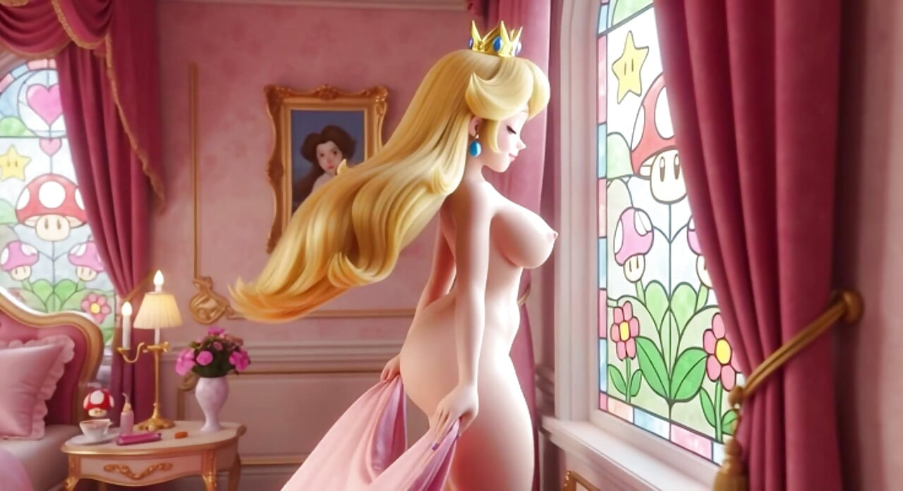 Frumoasa prințesă Peach goală de dimineață în grădină, îngrijind flori magice - regatul ciupercă natură