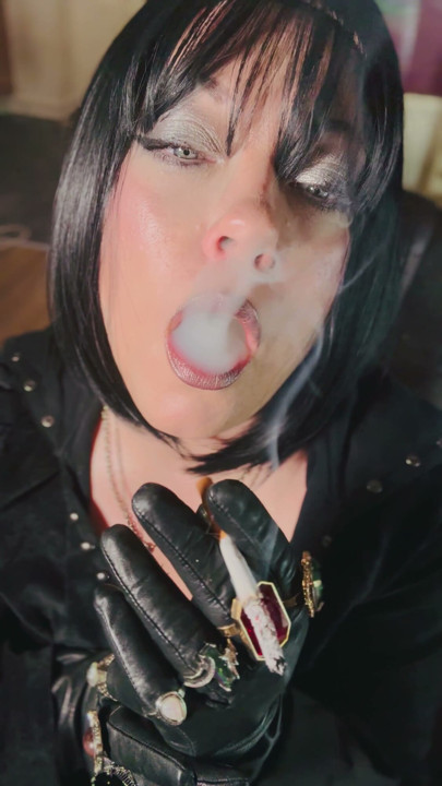 10 Rings Over My Leather Gloves! Smoking Miss Tina Snua Enjoy A cigarette With You | Clip 1
