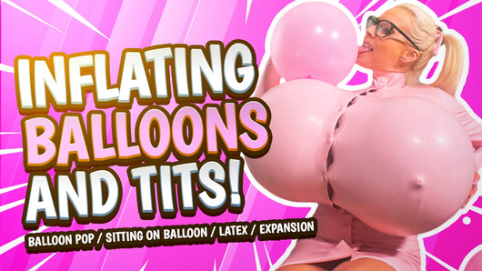 ¡Globos y tetas inflando en traje de látex! Globo reventado