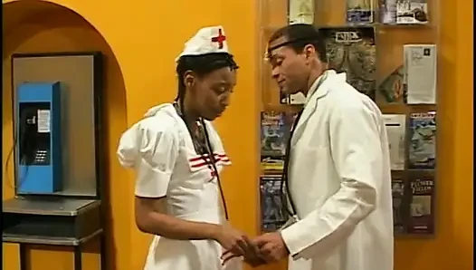Black nurse in stockings sucks the doctor's dong on her knees
